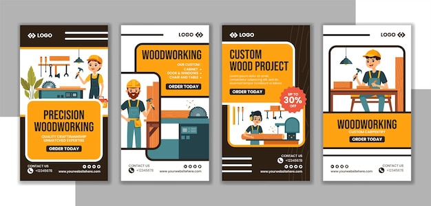 Vector woodworking social media stories flat cartoon hand drawn templates background illustration