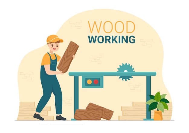 Woodworking with Wood Cutting by Modern Craftsman in Hand Drawn Template Illustration