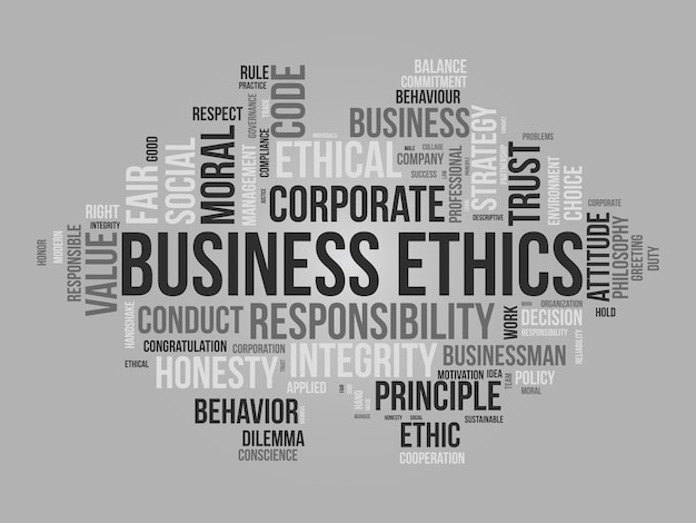 Vector word cloud background concept for business ethics corporate integrity company principle moral trust of responsibility value vector illustration