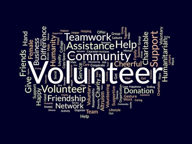 Word cloud background concept for volunteer Charity support community help work care of humanitarian support service vector illustration