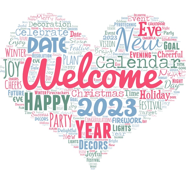 Word cloud in the shape of a heart with new year words new year celebration motivation to start