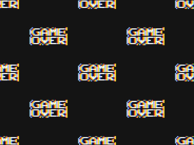 Word game over cartoon character seamless pattern on black background Pixel style