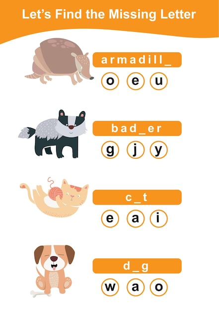 Word game sheet. Complete the words. Animals Theme Names Worksheet. Vector illustration.