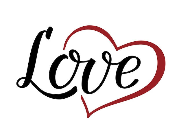 Vector word love, handwritten lettering with red heart. modern brush ink calligraphy.