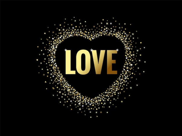 Word LOVE with creative shiny sign. Happy Valentine's Day congrats concept. Decorative gold heart.