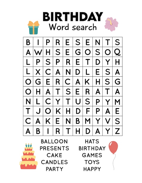 Word search crossword for children. Birthday theme. Educational game for study English vocabulary.