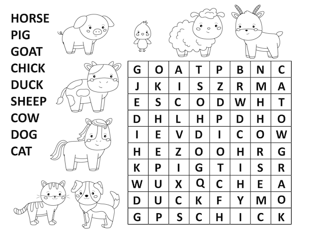 Word search game with farm animals