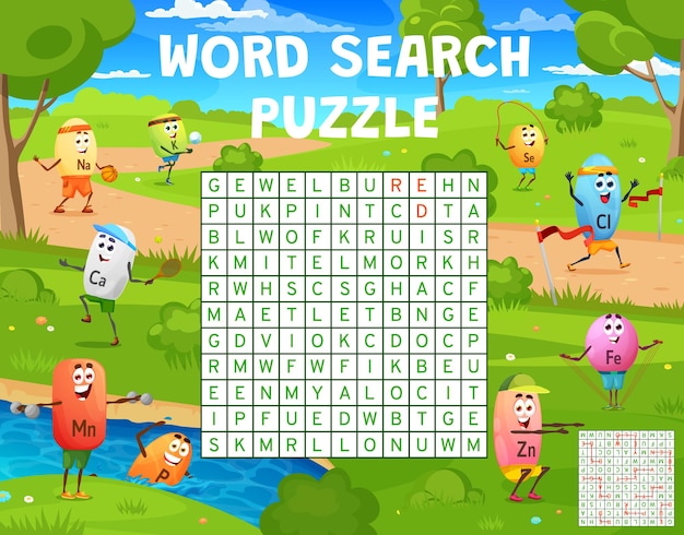 Word search game with micronutrient characters