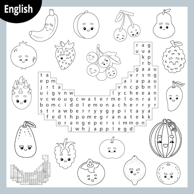 Word search puzzle Cartoon set of fruits and berries Education game for children