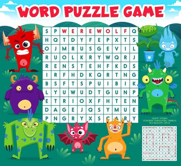 Word search puzzle game with monster characters