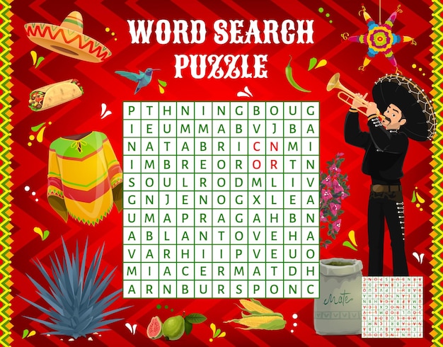 Word search puzzle game worksheet Mexican quiz