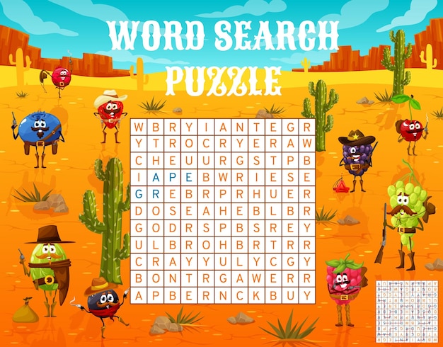 Word search puzzle Wild West ranger cowboy berry