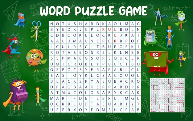 Word search puzzle with cute school hero character