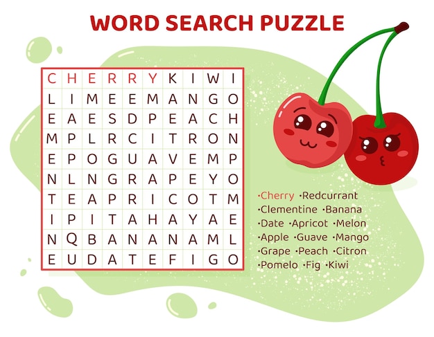 Word search puzzle with fruits and berries. Education game for children. Learning English language.