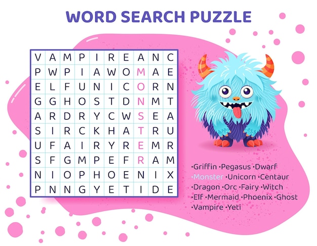 Vector word search puzzle with mythical animals magical creatures education game for children learning