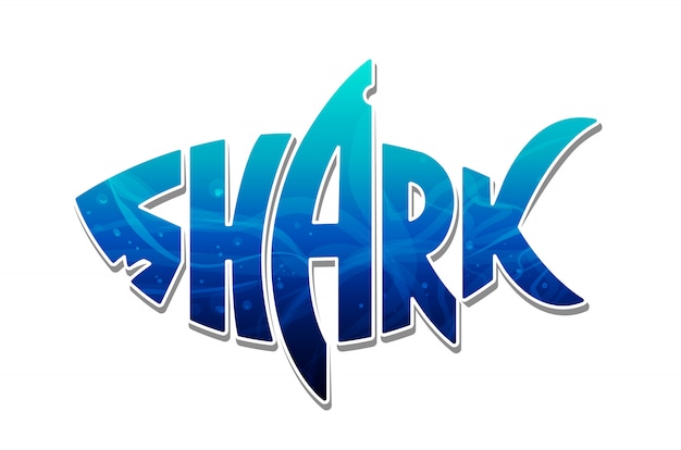 The word shark inscribed in shape of a shark filled of blue ocean water. Colorful shark logo. Vector shark lettering isolated on white.