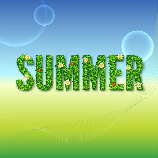 Word Summer with green leaves, flowers and ladybugs. Summer background