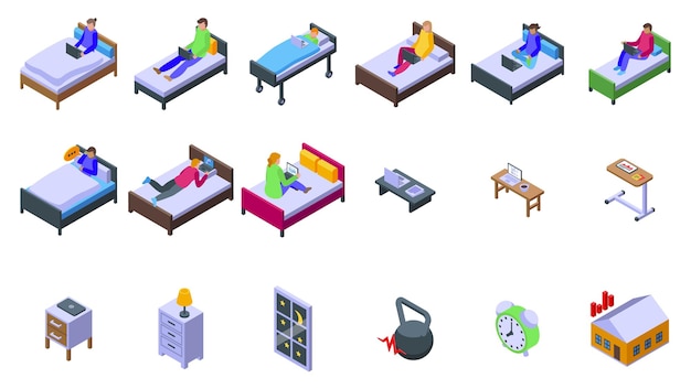 Work in bed icons set isometric vector Woman laptop