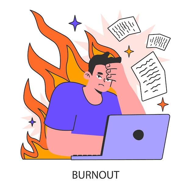 Vector work burnout distressed man surrounded by flame and floating papers mental strain overwork worklife