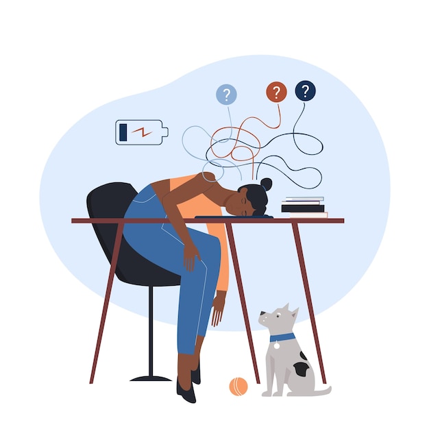 Vector work burnout and stress of unmotivated exhausted person sad tired woman sitting at desk