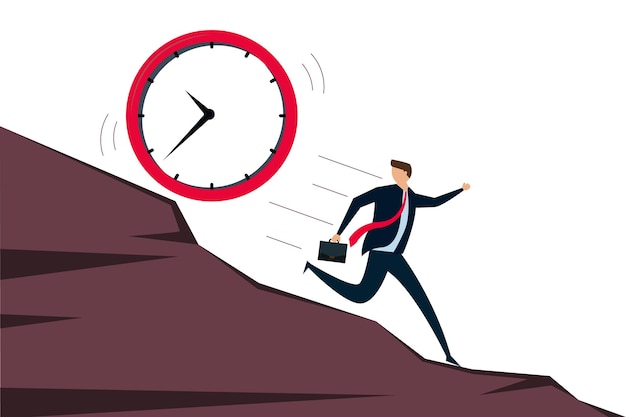 Work deadline tried businessman running away from falling rolling huge clock down hill