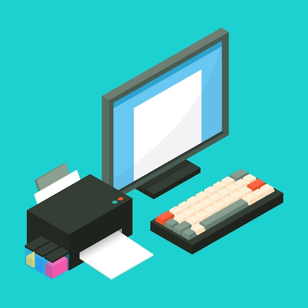 Work on documents on computer and print it isometric 3D vector illustration