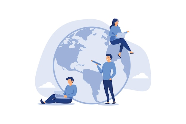 Work from anywhere around the world business people sitting around world map on globe working Vector