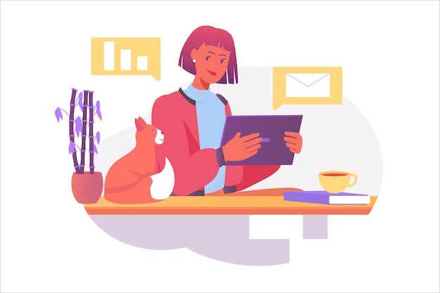 Work from home Asian concept with people scene in the flat cartoon style Woman works remotely