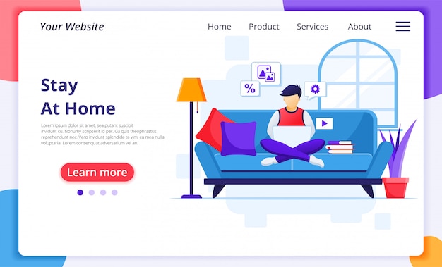 Work from home concept, A man sitting on sofa and using laptop, stay at home on quarantine during the Coronavirus Epidemic. website landing page design template