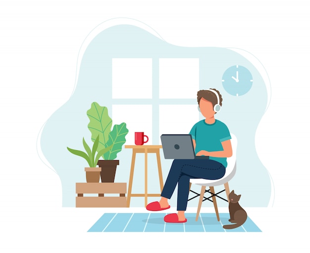 Work from home concept, man working from home sitting on a chair, student or freelancer.