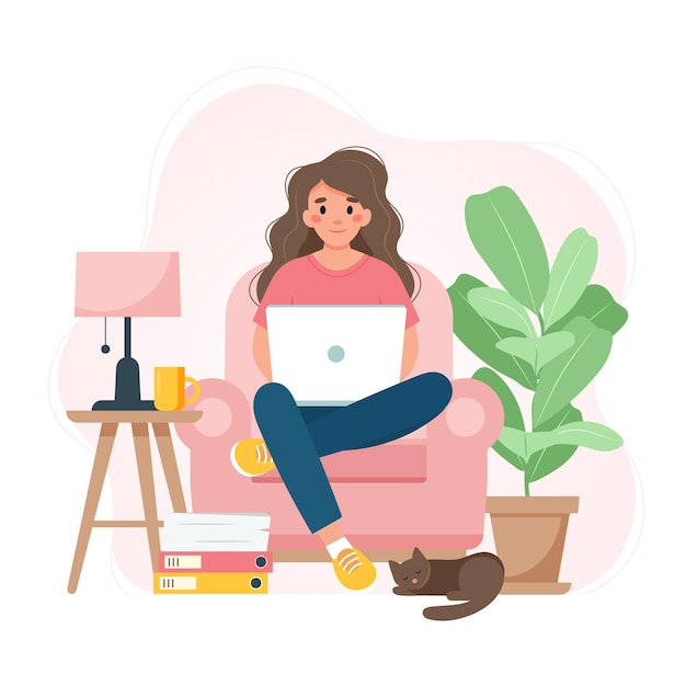 Work from home concept woman on a chair with laptop student or freelancer