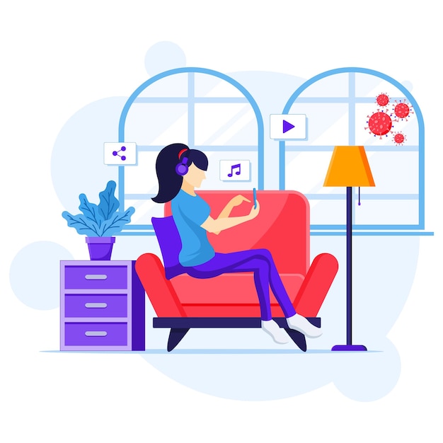 Work from home concept, A woman sitting on sofa listening music