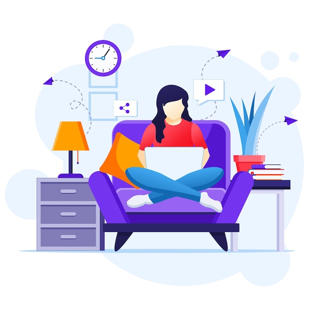 Work from home concept, A woman sitting on sofa using laptop, stay at home on quarantine during the Coronavirus Epidemic illustration