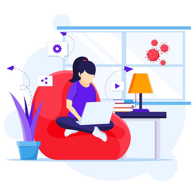 Work from home concept, A woman sitting on sofa using laptop, stay at home on quarantine