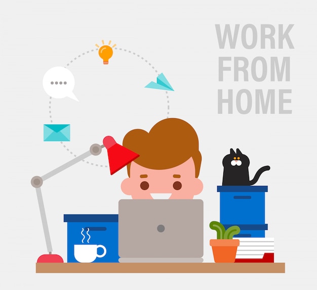 Work from home. Happy young man working remotely on laptop computer. Vector cartoon flat style illustration.