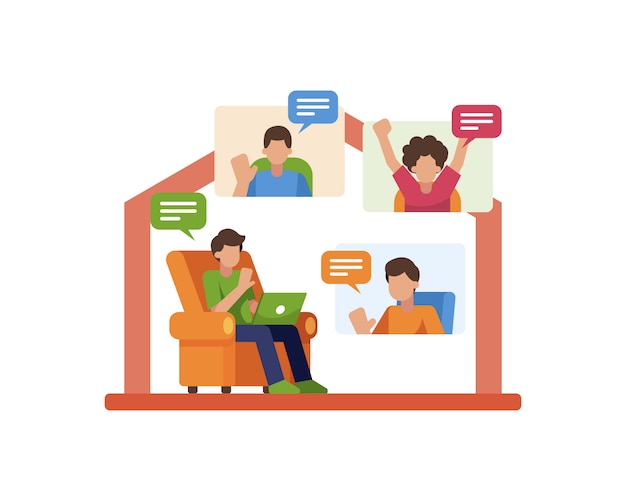 Work From Home Illustration With A Man Doing Video Conference Or Online Meeting With His Friends Or Colleague