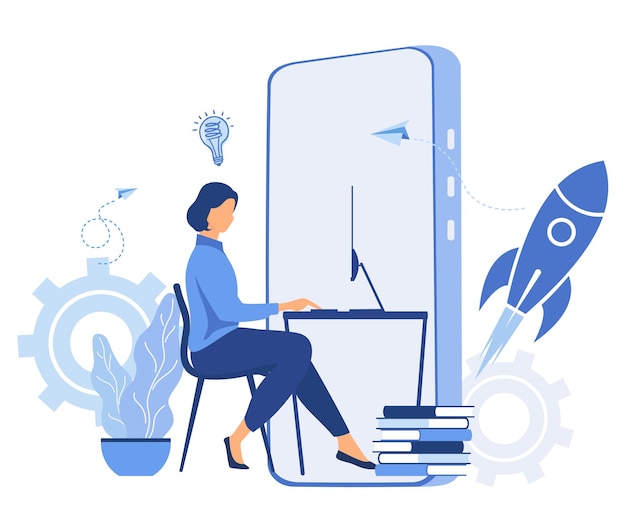 Work from home on the internet creative space selfisolation freelancer working on laptop online team work in startup flat vector modern illustration