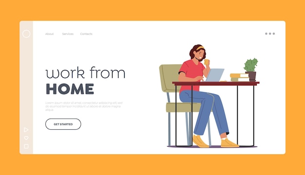 Work from Home Landing Page Template Relaxed Woman Freelancer Sitting at Desk with Laptop and Coffee Cup