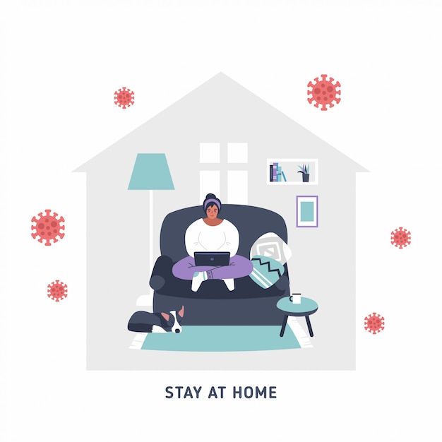 Work from home - Remote work online icon, sign - Coronavirus quarantine preventive measures for social distancing - person working on laptop at home