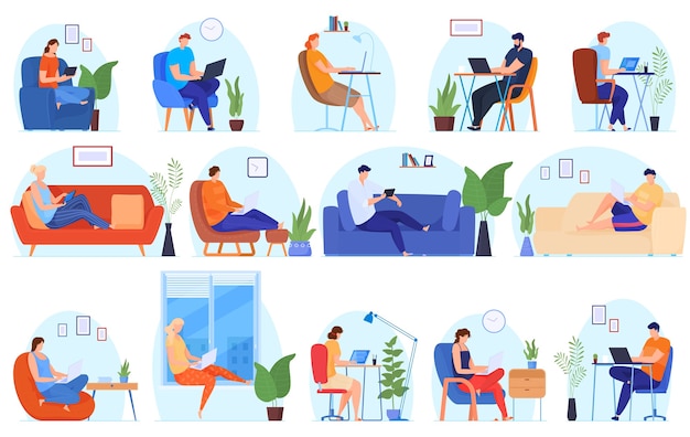 Work at home. People work at home in a comfortable environment. Free work schedule, informal atmosphere, houseplants. illustration