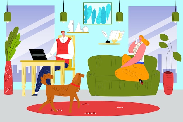 Work at home, vector illustration. Flat business man character use laptop computer at room, woman wife sitting at couch. Freelance person workplace at apartment interior with dog pet.