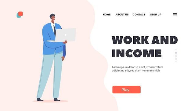 Work and Income Landing Page Template Indian or Pakistan Businessman Male Character Wear Blue Blazer and Pants