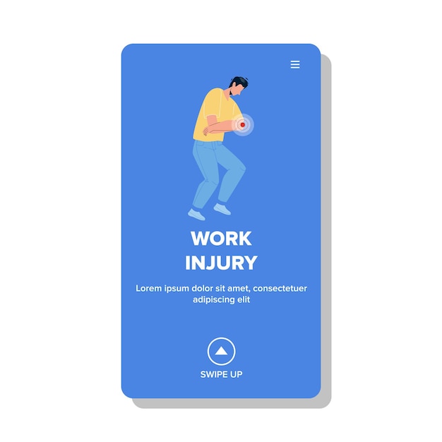 Work Injury Getting Young Man Employee Vector. Elbow Pain Work Injury Suffering Boy Colleague, Company Worker With Health Problem. Character With Hand Trauma Web Flat Cartoon Illustration