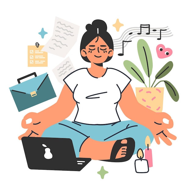 Work life balance concept Female chaarcter in a lotus position