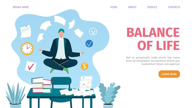 Vector work and life balance web landing page, . businessman balancing with documents in office, relax lifestyle. balanced work management webpage template. multitasking.