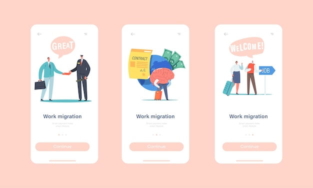 Work Migration Mobile App Page Onboard Screen Template. Tiny Businesspeople Characters Leaving Motherland for Employment Abroad. People Drain Brain Business Concept.. Cartoon Vector Illustration