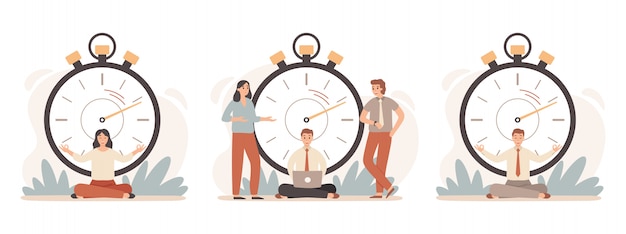 Vector work rate time management. business people working with stopwatch, fast tasks and time stop  illustration set