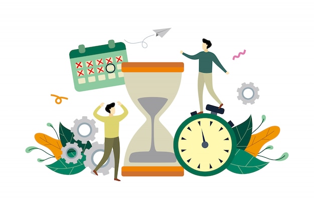 Work time management, deadline flat illustration with big hourglass and small people 