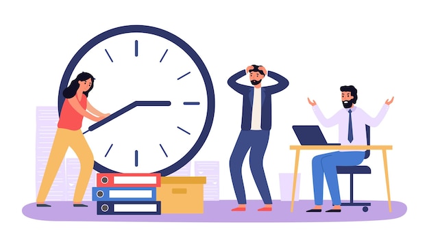 Work time management organize own shift at workpalce Vector of management time work clock and schedule illustration concept of deadline