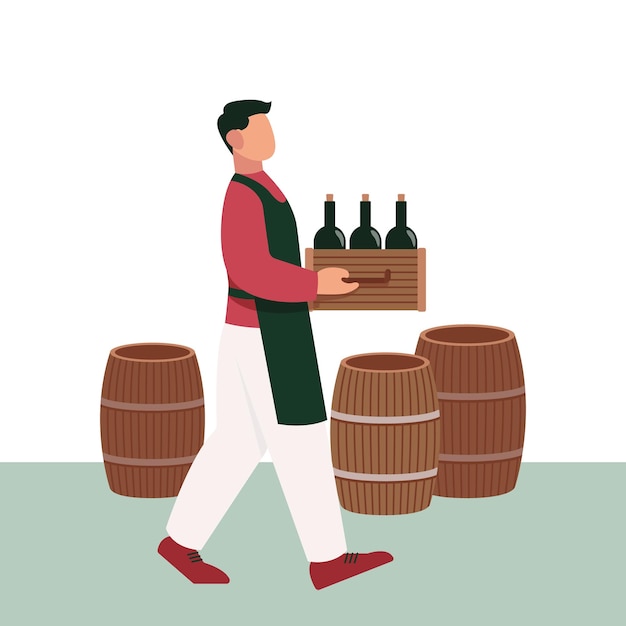 Vector worker in apron carry box with bottles of wine in shop process of making alcoholic drinks